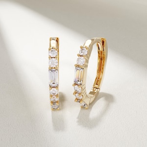 14k Gold Hoop Earrings, Alternating Cz Diamond Earrings, Solid Gold Hoop Earring Women, Minimalist Simple Daily Jewelry, A Must Have Earring