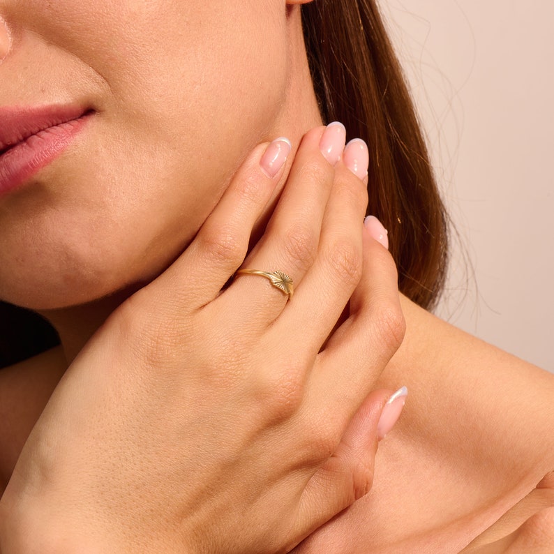 Solid Gold Sunburst Ring, 14k Gold Pinky Ring for Women, Delicate Slim Signet Ring, Minimalist Stackable Band, Daily Sun Ring Ring, Gifts image 3