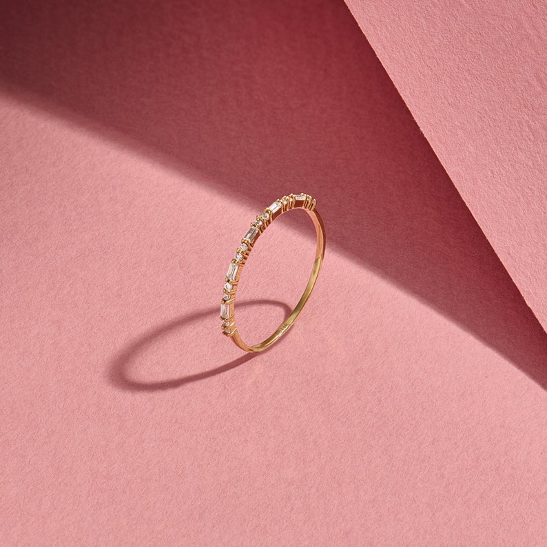 14k Gold Minimal Baguette Wedding Ring, Solid Gold Ultra Thin Stacking Ring, Half Eternity Lab Created Diamond Cz Ring, Dainty Baguette Ring image 5