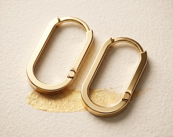Könnte beinhalten: Ein Paar goldfarbene Creolen in länglicher ovaler Form mit einem Klappverschluss. Die Ohrringe haben eine glatte, polierte metallische Oberfläche und ein durchgehendes Rahmendesign, das eine klare, geometrische Silhouette erzeugt.