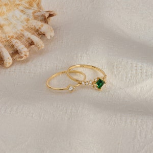14k Solid Gold Emerald Engagement Ring, Art Deco Green Solitaire Ring, Vintage Anniversary Ring, Dainty Stacking Emerald Ring, Handmade Gift image 8