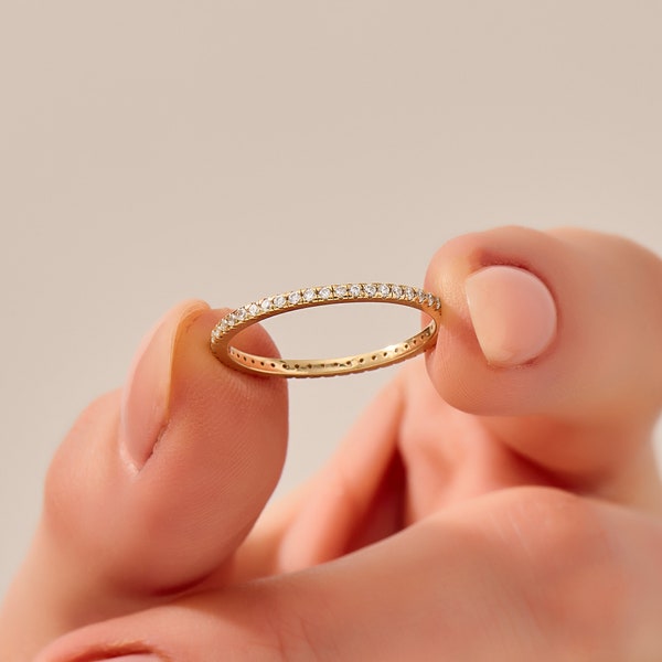 14k Gold Full Eternity Ring, Solid Gold Minimalist Wedding Ring, Womens Thin Lab Diamond Cz Ring, Dainty Stackable Ring, Minimalist Ring