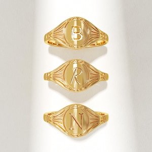 14k Solid Gold Signet Ring for Women, Personalized Pinky Ring with Engraved Name or Initial, Vintage Style Monogram Jewelry Gift for Mom