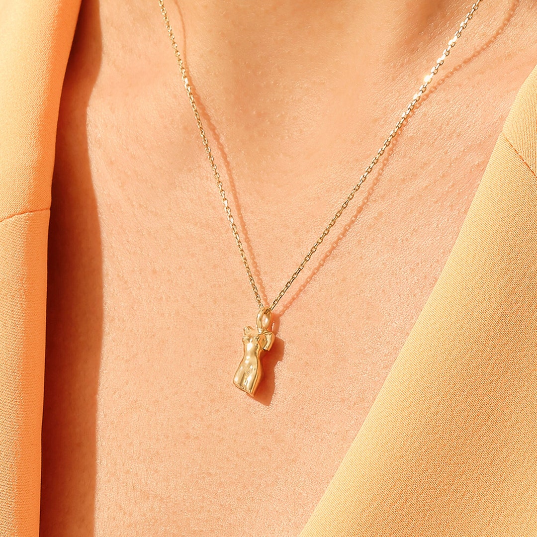 Solid Gold Aphrodite Necklace 14k Gold Goddess Body Pendant for Women female Body Necklace