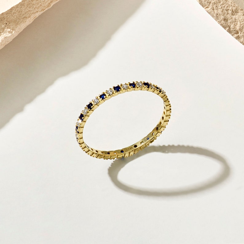 Solid Gold Sapphire Wedding Band, 14k Gold Eternity Ring for Women, Thin Stacking Ring, Blue Gemstone Ring, Minimalist Diamond Sapphire Ring image 4