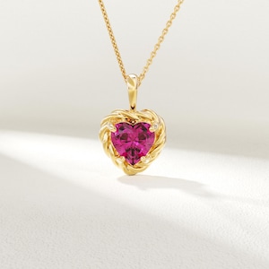 14k Solid Gold Ruby Heart Charm Necklace for Women – Dainty Minimalist Pendant Jewelry Gift for Her Birthday, Anniversary or Valentine