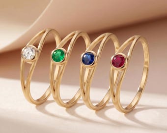 14K Solid Gold Split Shank Gemstone Ring Bezel Set Emerald Ruby Sapphire Diamond Solitaire Ring Stackable Double Band Birthstone Jewelry