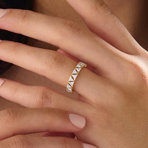 14K Solid Gold Trillion Cut Diamond Band, Unique Triangle Moissanite Eternity Ring, Geometric Half Eternity Wedding Band, Anniversary Gift image 3
