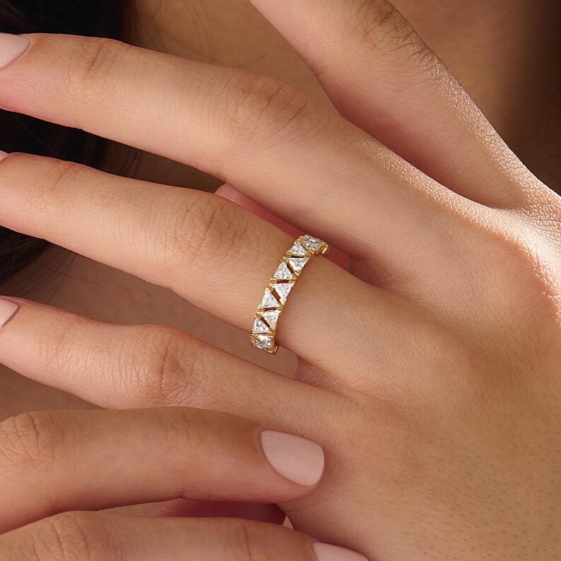 14K Solid Gold Trillion Cut Diamond Band, Unique Triangle Moissanite Eternity Ring, Geometric Half Eternity Wedding Band, Anniversary Gift image 3
