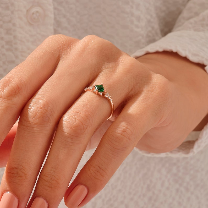 14k Solid Gold Emerald Engagement Ring, Art Deco Green Solitaire Ring, Vintage Anniversary Ring, Dainty Stacking Emerald Ring, Handmade Gift image 9