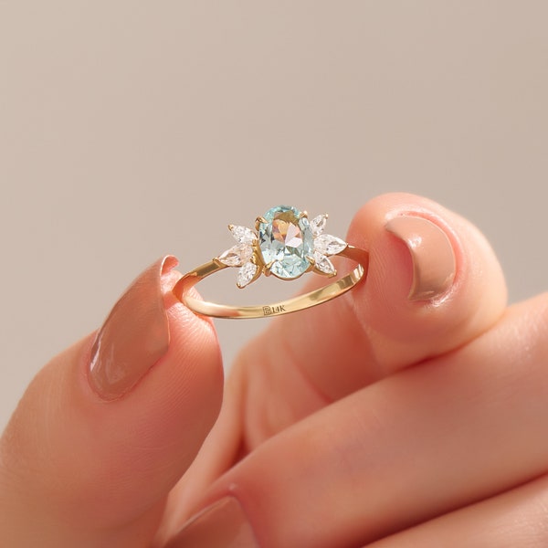 14k Gold Aquamarine Flower Ring, Solid Gold Aquamarine Engagement Ring, Oval Blue Gemstone Ring, Womens Solitaire Statement Ring, Handmade