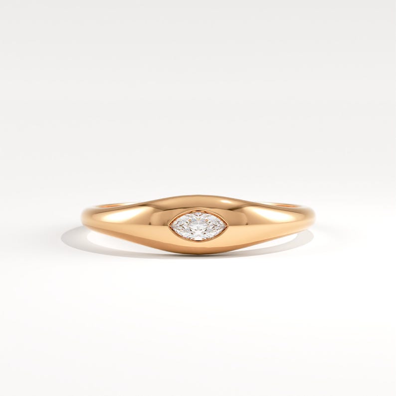 14K Gold Marquise Signet Ring, Chunky Bezel Pinky Ring for Women, Tiny Dome Statement Band, Minimalist Solid 18K Gold Jewelry Gift for Her 14k Rose Gold