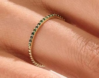 Emerald Stacking Ring, 14k Solid Gold Ring, Emerald Half Eternity Ring, Dainty Ring for Women, Stackable Ring 18K, Minimalist Ring Gift