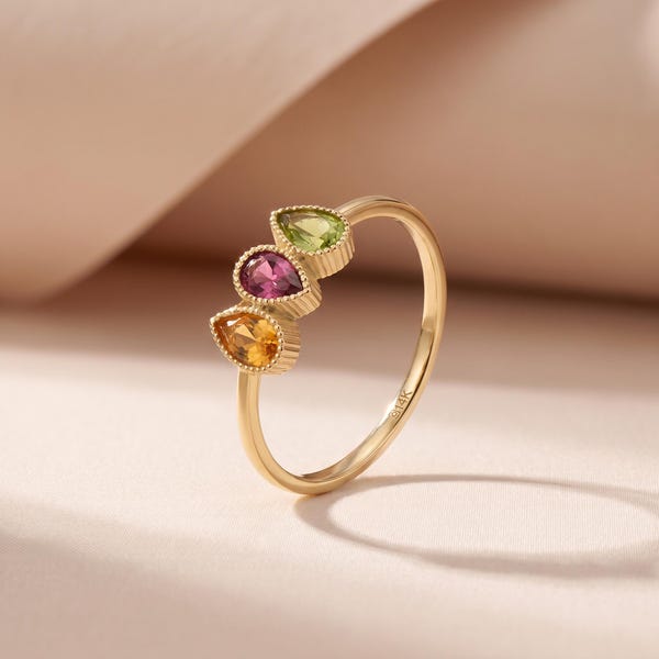 14k Solid Gold Family Birthstone Ring • Personalized Pear-Shaped Gem Ring for Mom • Kids Birthstone Jewelry • Birthday Gift for Wife