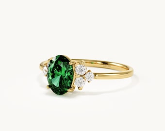14K Solid Gold Emerald Engagement Ring, Oval Cut Green Emerald Ring for Women, Dainty Three Stone Ring, May Birthstone Gift, Minimalist Ring