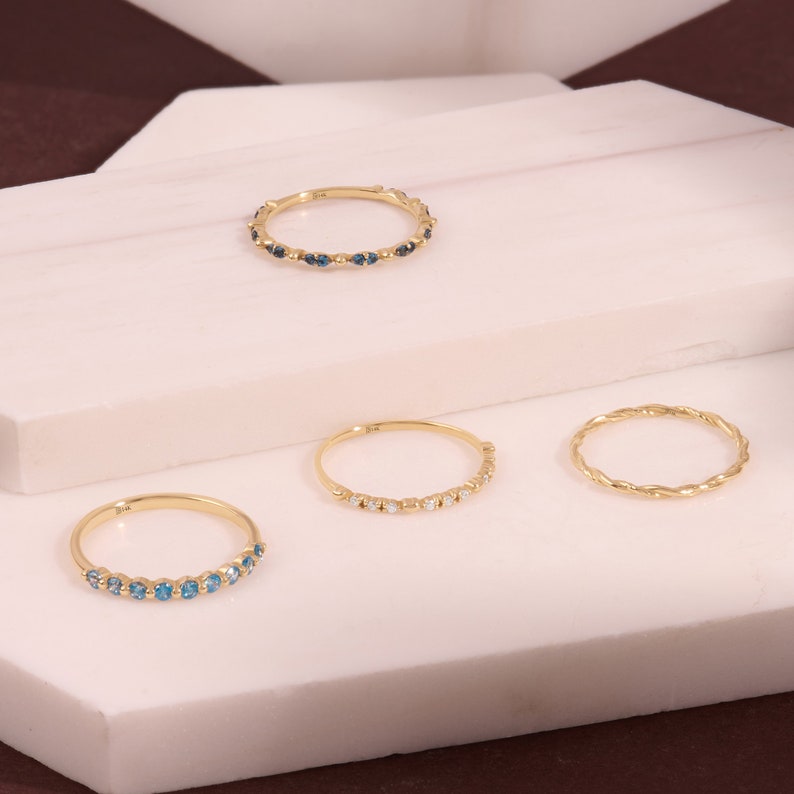 Stunning Aquamarine Wedding Ring, 14k Gold Blue Gemstone Stacking Ring,Mothers March Birthstone Ring,Slim Half Eternity Band Rings for Women image 7