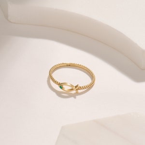 14k Twisted Band Ichthus Ring,Solid Gold Statement Ring Band, Delicate Christian Rings for Women, Tiny Emerald Fish Ring, Yellow Rose White image 5