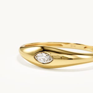 Marquise Diamond Bezel Dome Signet Ring, 14K Solid Gold Tapered Pinky Band New Job Promotion Gift Her