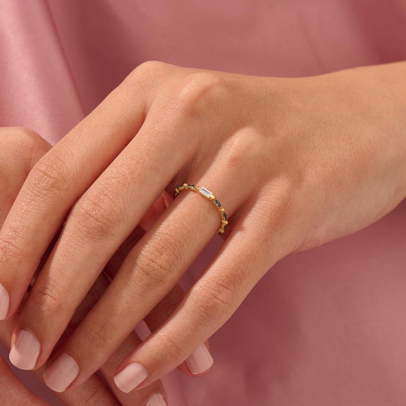 Baguette Blue Sapphire Ring 14k Solid Gold Dainty Stackable Band Multi Stone Ring Women image 3