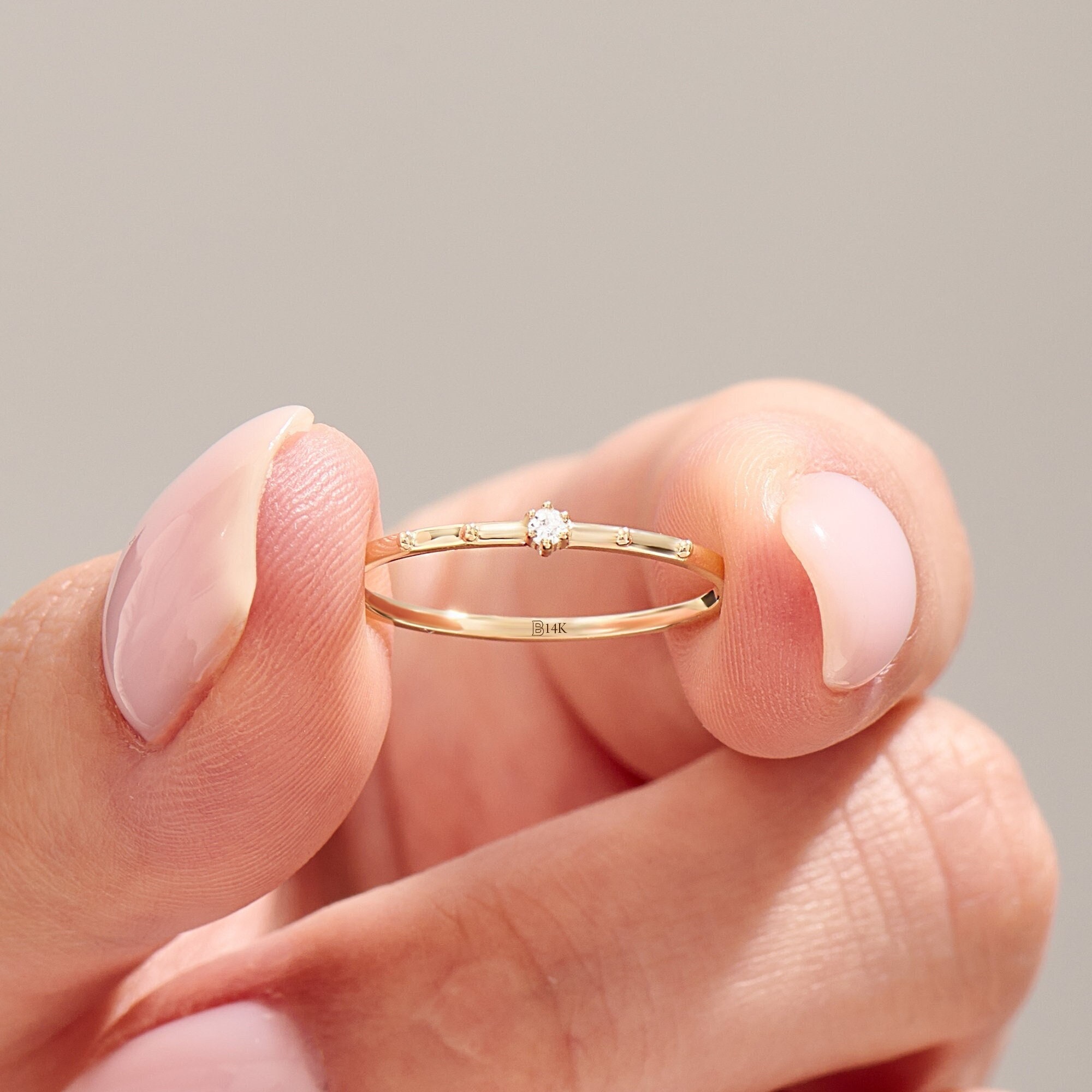 14k Solid Gold Promise Ring for Her, Dainty Solitaire Ring, Tiny Diamond Ring, Thin Gold Band, Minimalist Gold Ring for Women, Gift for Her
