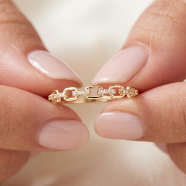 14k Gold Pave Diamond Chain Link Ring, Solid Gold Cable Link Stacking Band, Diamond Eternity Ring, Luxury Anniversary Gift for Wife