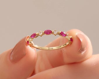 14K Solid Gold Ruby Half Eternity Ring, Lab Created Marquise Ruby Wedding Band, Staggered Zigzag Cluster Ring, July Birthstone Gift for Her