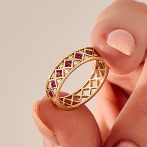 14k Solid Gold Ruby Eternity Band, Thick Pave Stackable Wedding Ring for Women, Handmade Geometric Ruby Band, Elegant Red Gemstone Ring