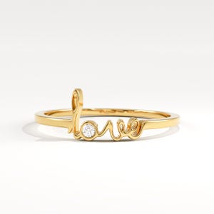 14K Solid Gold Love Ring with Diamond, Dainty Script Word Ring, Personalized Love Script Jewelry,Minimalist Promise Ring,Gift for Girlfriend