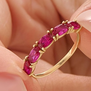 14K Solid Gold Ruby Ring, 5 Stone Ruby Band, July Birthstone Ring, Dainty Stacking Ring, Minimalist Gold Ring for Women, Birthday Gifts