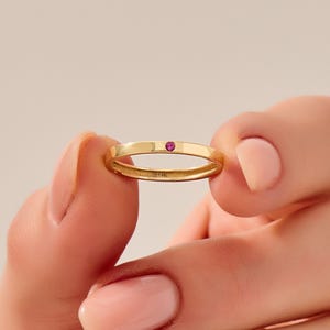 10K Solid Gold Slim Ruby Ring, Minimal Birthstone Wedding Band, Personalized Stacking Commitment Ring for Women