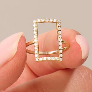 Rectangle Statement Ring, 14k Real Solid Gold Open Cut Out Ring, Unique Geometric Ring Women, Large Modern Frame Ring, Diamond Cz Pave Ring