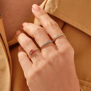 Stunning Aquamarine Wedding Ring, 14k Gold Blue Gemstone Stacking Ring,Mothers March Birthstone Ring,Slim Half Eternity Band Rings for Women image 6