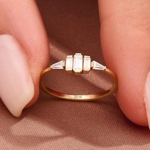 14K Solid Gold Baguette Cluster Ring | Modern Art Deco Engagement Band | Tapered Diamond Stacking Ring | Geometric Bridal Jewelry | Gift Her