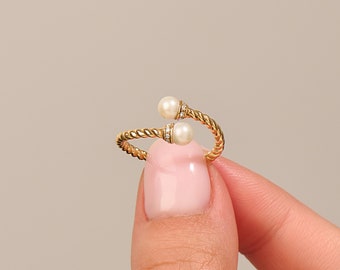 14k Pearl Wrap Around Ring, Solid Gold Twisted Band Ring, Womens Unique Adjustable Rope Ring, Double Pearl Bypass Statement Gift Ring
