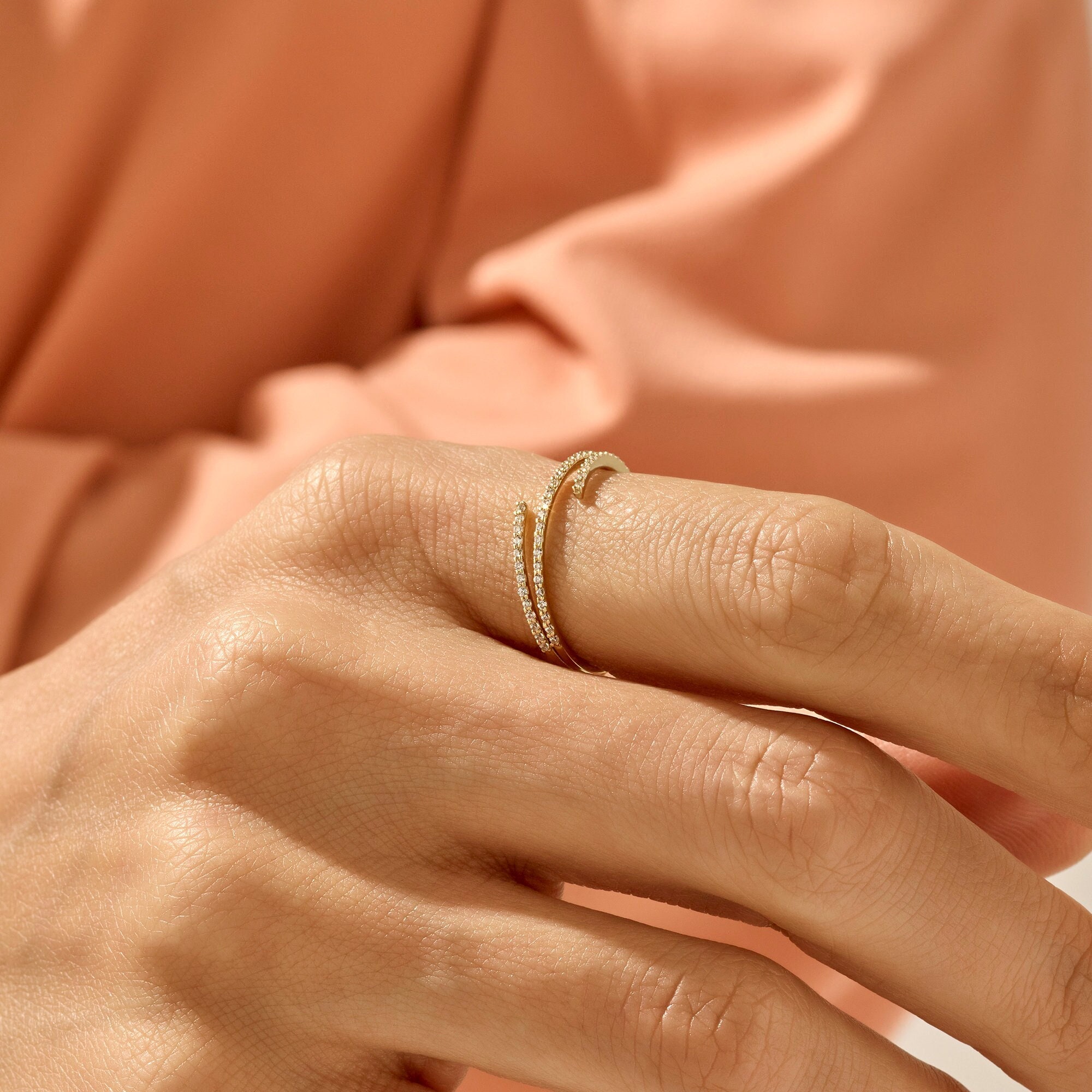 14k Solid Gold Wrap Around Ring, Pavé CZ Split Shank Spiral Band for Women, Half Eternity Statement Ring, Real Gold Stacking Gift Jewelry