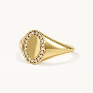 14k Gold Pave Lab Diamond Signet Ring, Custom Initial Oval Pinky Band, Personalized Monogram Statement Ring, Engraved Fine Jewelry
