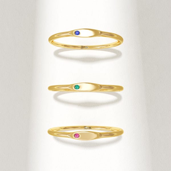 Dainty Birthstone Signet Ring | 10K Solid Gold Slim Letter Ring | Personalized Gemstone Pinky Band | Minimalist Gold Jewelry | Gift for Her