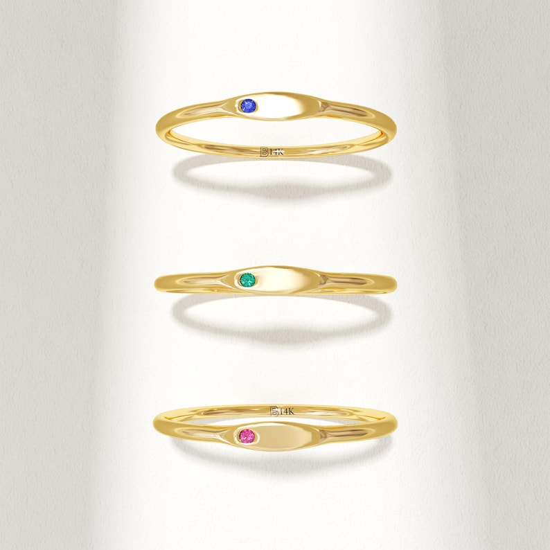 Dainty Birthstone Signet Ring | 10K Solid Gold Slim Letter Ring | Personalized Gemstone Pinky Band | Minimalist Gold Jewelry | Gift for Her image 1