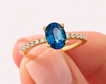 Blue Sapphire Engagement Ring, Lab Grown Oval, 14K Solid Gold CZ Pave Promise Ring