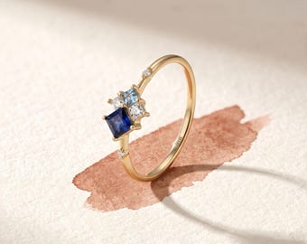 14K Solid Gold Blue Cluster Ring | Simulated Sapphire CZ, Asymmetric Stacking September Birthstone Ring