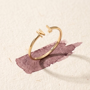 14K Solid Gold Double Initial Ring, Personalized Two Letter Open Cuff Ring, Custom Initial Jewelry, Minimalist Couple Ring, Gift for Her