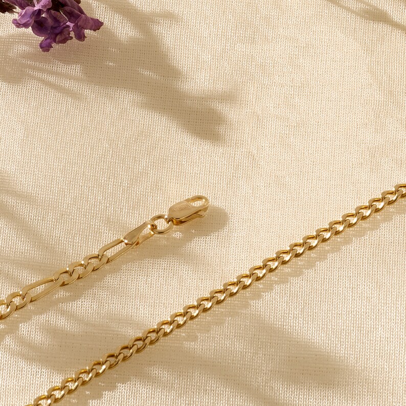 Solid Gold Figaro Chain Bracelet, Mens Womens Chain Bracelet, 14k Real Gold Chain, Minimalist Link Chain Bracelet, Dainty Stacking Bracelet image 8