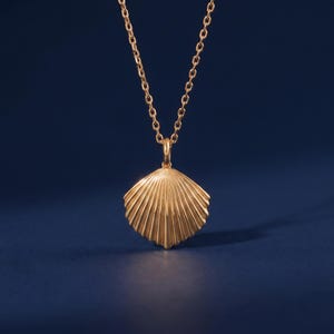 Op de afbeelding: Een goudkleurige ketting met een schelpenhanger. De hanger heeft een gedetailleerd, waaiervormig ontwerp met getextureerde lijnen. De ketting is delicaat. De achtergrond is diepblauw.