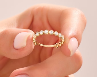 Solid Gold Bezel Eternity Wedding Ring Women, 14k Real Gold Dainty Ball Infinity Ring, Floating Beaded Stacking Ring,Minimalist Jewelry Band