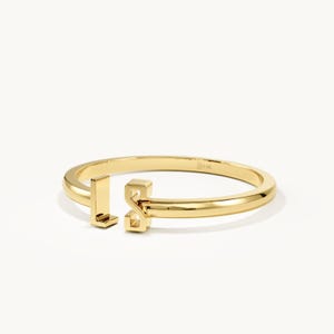 14K massivt guld dubbel initialring, personlig tvåbokstäver öppen manschettring, anpassade initialsmycken, minimalistisk parring, present till henne