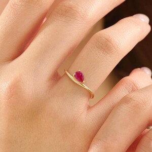 Pear Ruby Engagement Ring, 14K Solid Gold Curved Wave Band with Lab Created Ruby, Dainty Solitaire Ring