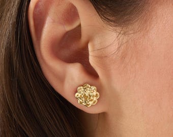 14K Solid Gold Flower Stud Earrings, Diamond Cut Rose Earrings, Textured Floral Post Earrings, Dainty Gold Studs, Birthday Gift for Her