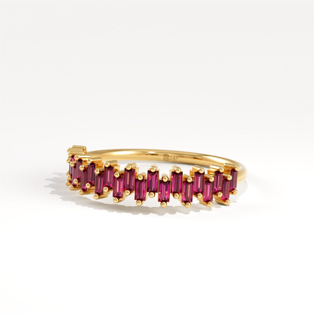 14K Solid Gold Baguette Ruby Ring, Half Eternity Wedding Band, Dainty ...