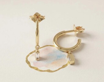 14K Solid Gold Baguette Half Hoop Earrings | Lab Diamond, Moissanite or CZ, C Hoops