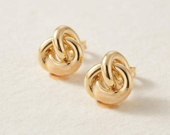 14K Solid Gold Love Knot Stud Earrings | Chunky Tube Knot, Minimalist Everyday Gold Studs